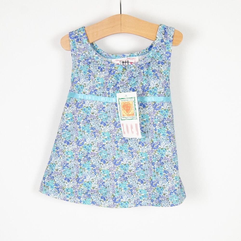 NEW‎ Vintage Zoey 90s Floral Print Tank Dress Ribbon Tie Blue Girls Size 3-6m